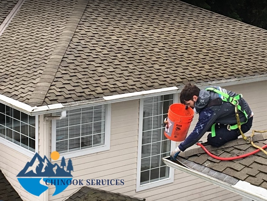 Cleaning gutters near Seattle, WA by Chinook Services a local top rated company.