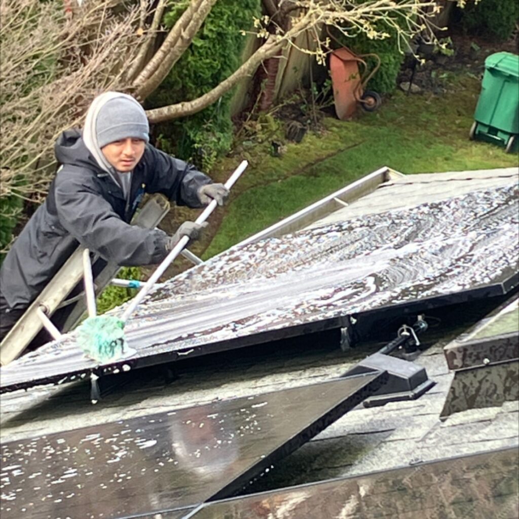 Solar panel cleaning Seattle worker washing surfaces