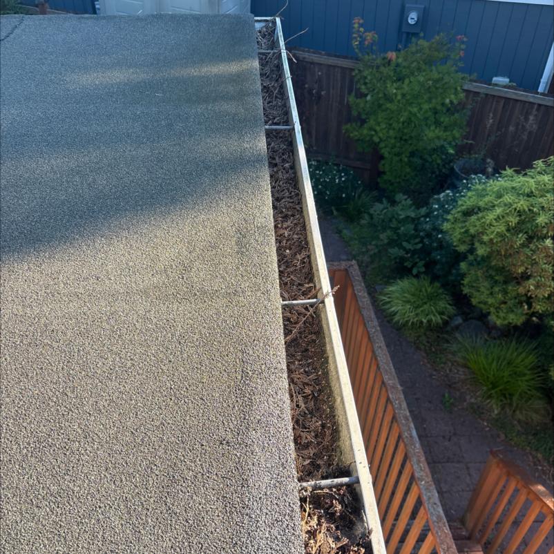 Gutter with debris before cleaning is performed Edmonds, WA