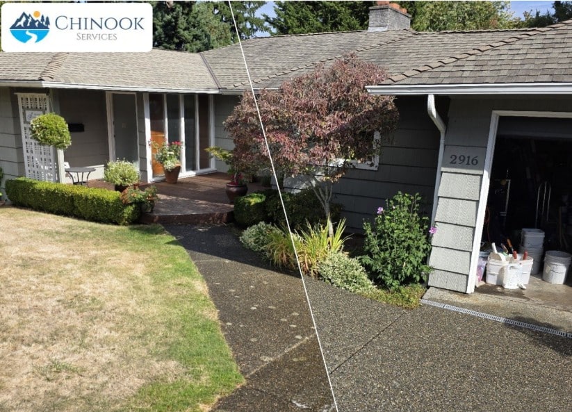 Before and after pressure washing driveway in Everett, WA