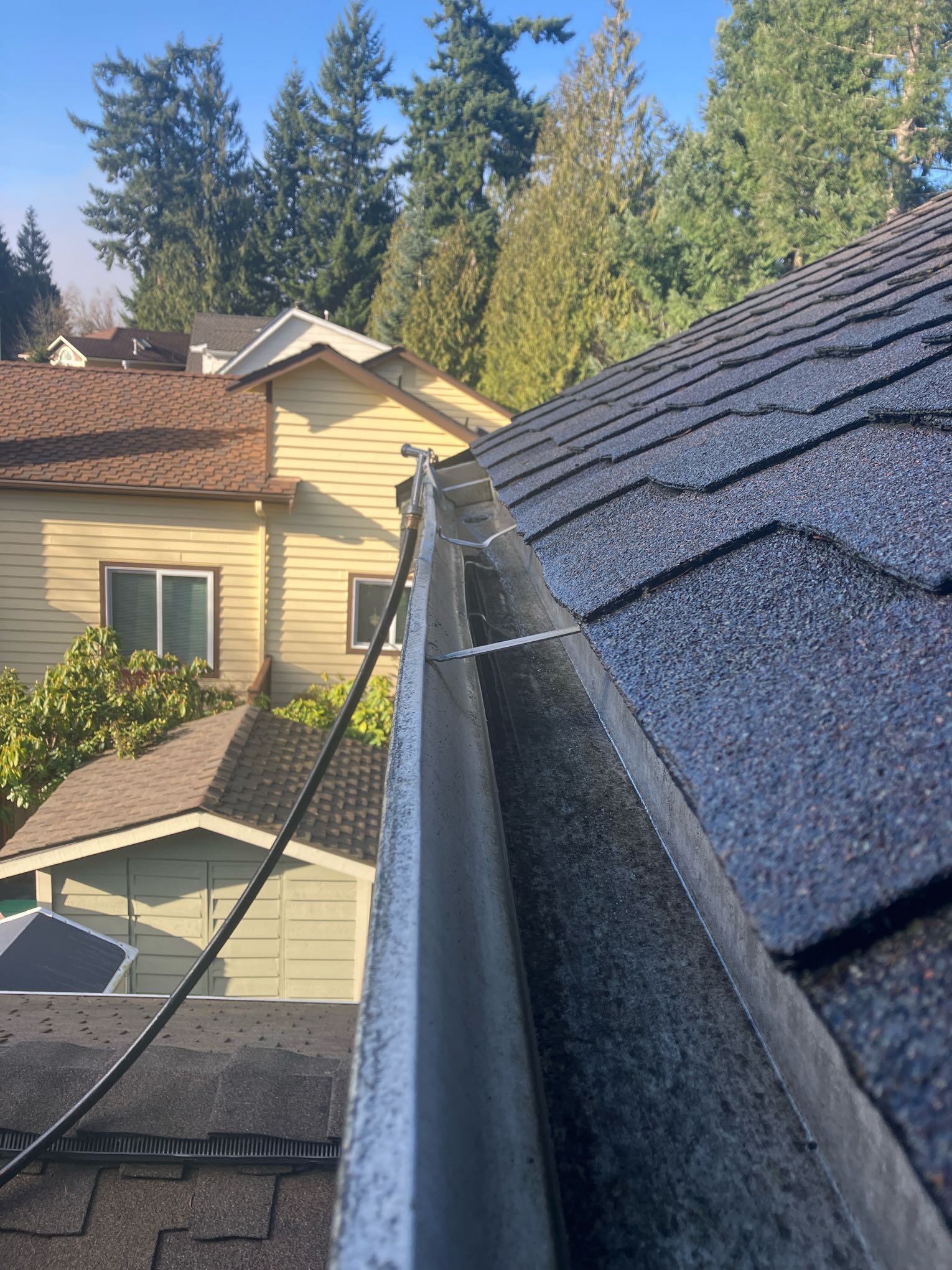 Hand cleaning gutters with flush out using garden hose in Tulalip