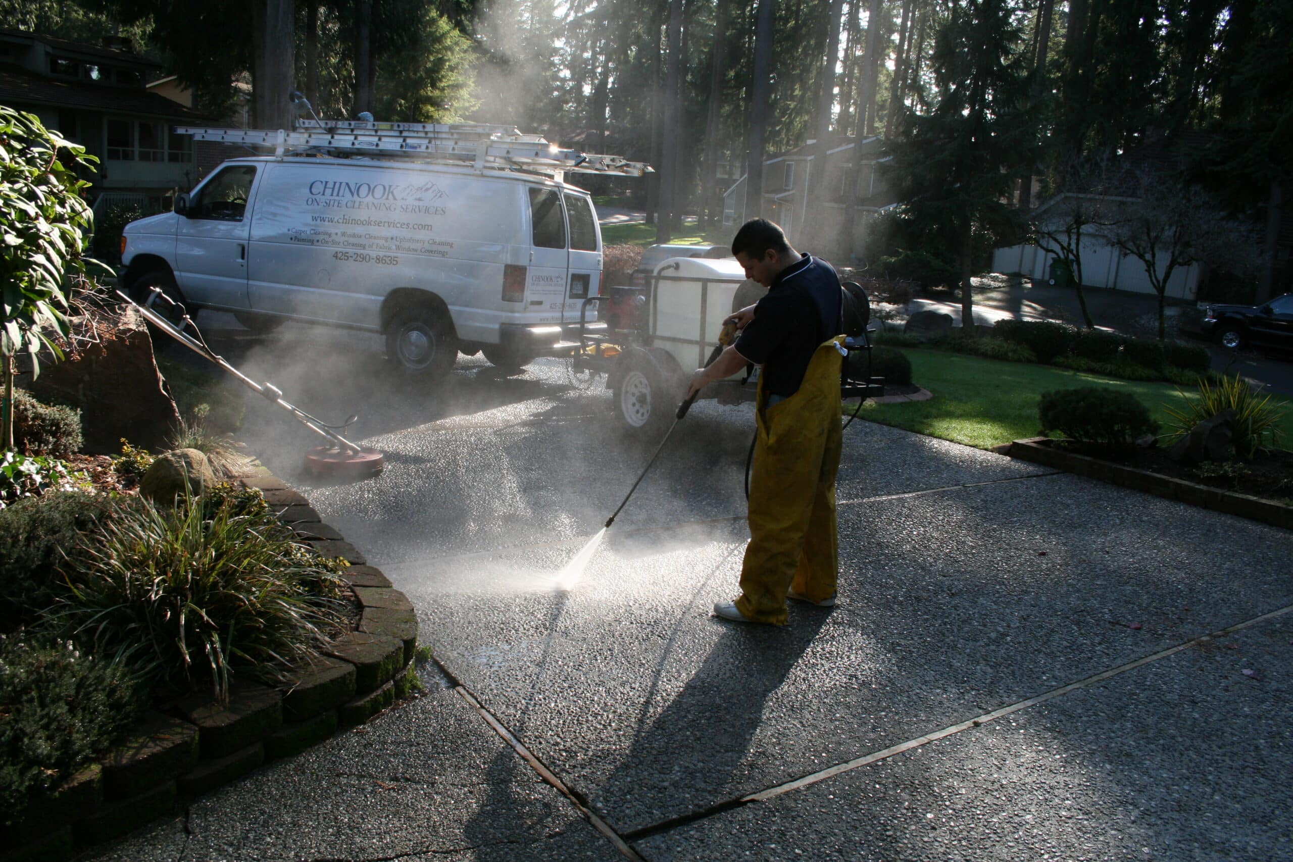Pressure washing large driveway in Mukilteo, WA