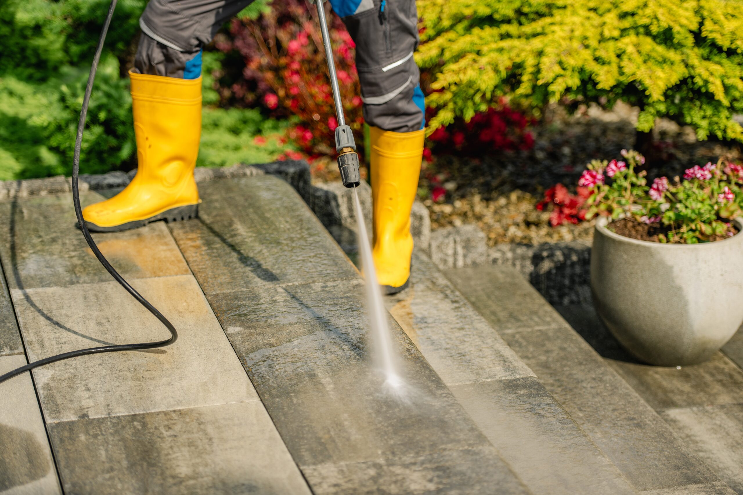 Pressure washing homes driveway in Wedgwood
