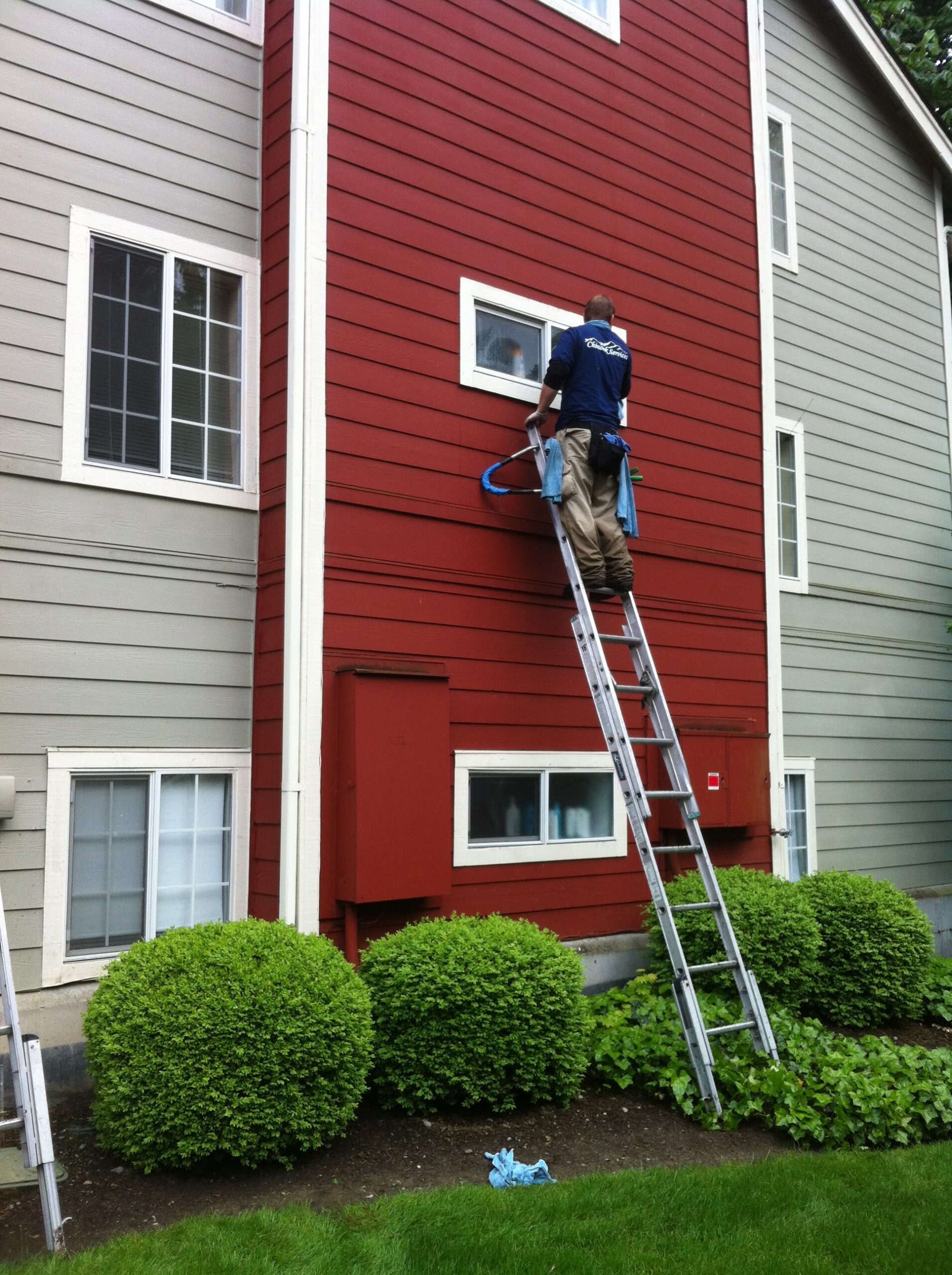 Cleaning windows using ladder in Seattle, WA